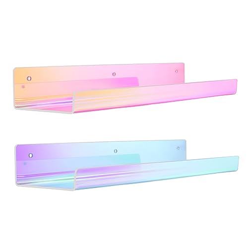 Image of upsimples 2 Pcs 15 inch Iridescent Acrylic Shelves for Wall Decor and Display | Cute Floating Shelf for Perfume, Skincare, Nail Polish, Wall Organizer for Bedroom, Living Room, Playroom, Room Decor