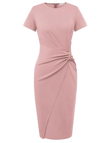 GRACE KARIN Work Dresses for Women 2026 Short Sleeve Sheath Business Midi Dress Wrap Bodycon Office Cocktail Outfits Pink L