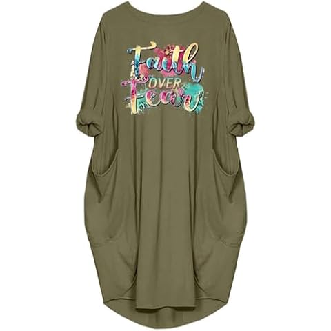 Rfecccy Faith Over Fear Color Letters Printed T-Shirt Causal Loose Dresses with Pockets for Women Green Cover