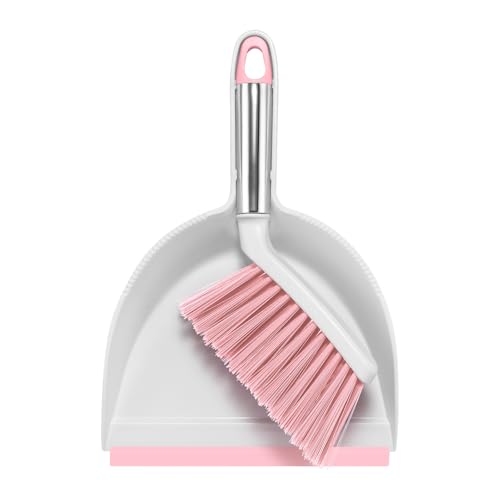 NACENA Mini Broom and Dustpan Set Small Dust Pan and Brush Set with Handle Dustpan Teeth for Cleaning Hair Suitable for Office Desks Drawers Sofas Outdoor Camping Pink