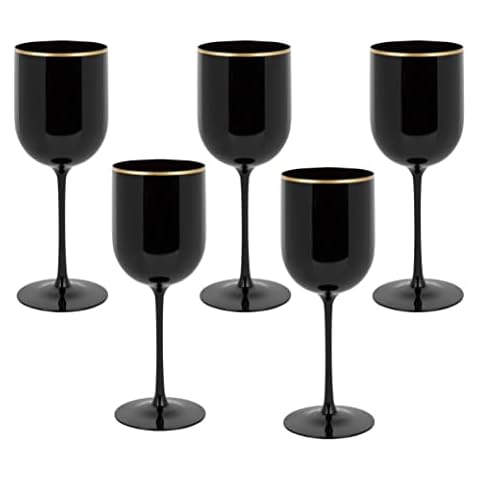PLASTICPRO Black Wine Cup with Gold rim Plastic Wine Glasses Set of 10 Elegant Wine Goblets Hard Plastic Wine Cups on Stem 12 Ounce Cover