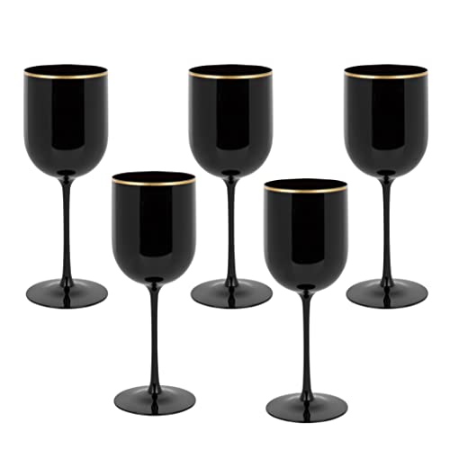 Plasticpro Black Wine Cup With Gold Rim Plastic Wine Glasses Set Of 10 Elegant Wine Goblets Hard Plastic Wine Cups On Stem 12 Ounce #TOP8