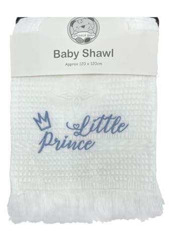 Little Prince Baby Shawl – Waffle Style | White & Blue | 120 x 120 cm | 100% Acrylic. Snuggle Baby