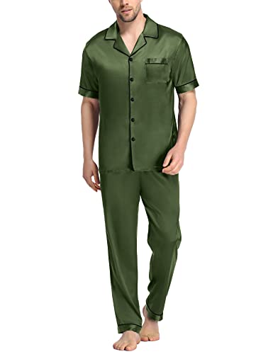 Image of SWOMOG Mens Satin Pajama Set Short Sleeve Classic Sleepwear Button Down Silky Loungewear with Long Pants
