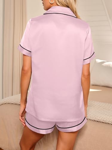 LILLUSORY Silk Satin Pajama Set for Women 2 Piece Lounge Pjs Winter Matching Summer Sleepwear Button Down Shirt Shorts
