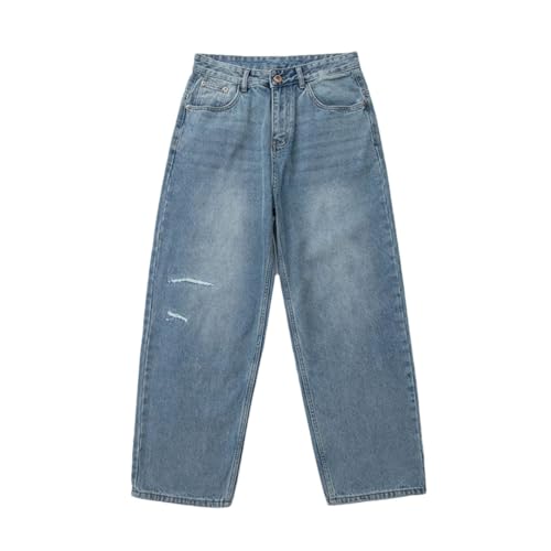 Men’S Vintage Embroidery Ripped Baggy Cargo Pants Button Fly Midweight Light Distressed Wash Full Length Jeans