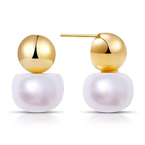Fiusem Pearl Earrings for Women 14K Gold Plated, 925 Sterling Silver Post Hypoallergenic Big Pearl Stud Ear Jacket Wedding Earring Jewelry