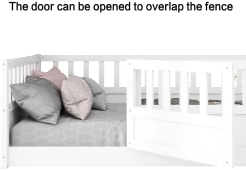 Twin Size Floor Bed, Integral Construction with Super High Security Barrier, Door, Children's Floor Bed Frame, Montessori Wooden Children's Floor Bed, White
