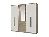 Vente unique   Armoire ISAK II   4 Portes   Miroir et tiroirs   L240 cm   Chêne et Ivoire
