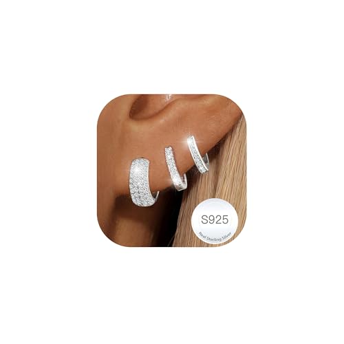 Halora 3 Paare Creolen Silber 925 für Damen Ohrringe Silber Set Hypoallergen Ohrringe Creolen Hoops Schmuck Geschenke für Damen Mädchen Chunky CZ Earrings