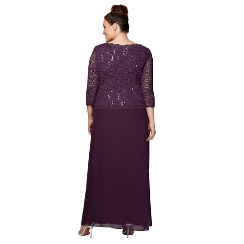 Image of Alex Evenings Women's Plus Size Stretch Lace Bodice Mock One Piece Gown, Deep Plum, 20W