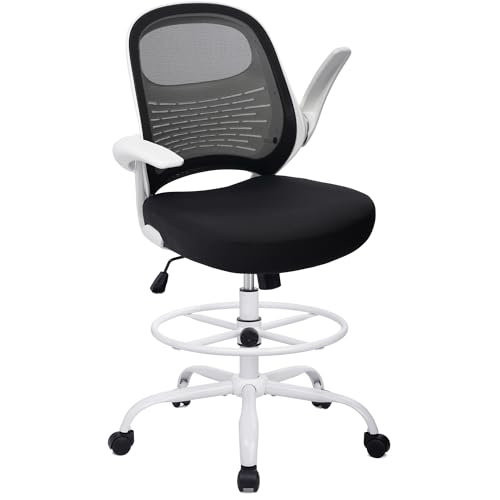 Image of HYLONE Tall Drafting Chair Standing Desk Chair with Flip-Up Armrests, Adjustable Height Ergonomic Office Chair with Footrest Ring - High Stool Chair for Standing Desk (Black Mesh&White Base)
