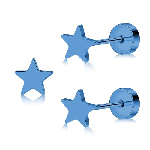 ZDE Women Flat Back Star Earrings Non-Nickel Heart Earrings Titanium Hypoallergenic Cartilage Earrings Stud for Sensitive Ears Simple Classic 5mm Flat Stud Earring