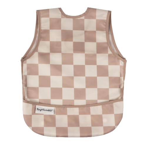 Tiny Twinkle Mess Proof Baby Bib for Boys | Waterproof Toddler Bib for Eating | Baby Apron for Feeding, Machine Washable | Perfect Shower Gift (Brown Checkers, 6–24M)