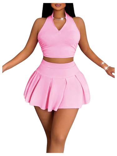 Women's 2 Piece Tennis Skirt Set Sleeveless Racerback Crop Tank Tops High Waisted Pleated Mini Skirt Outfits