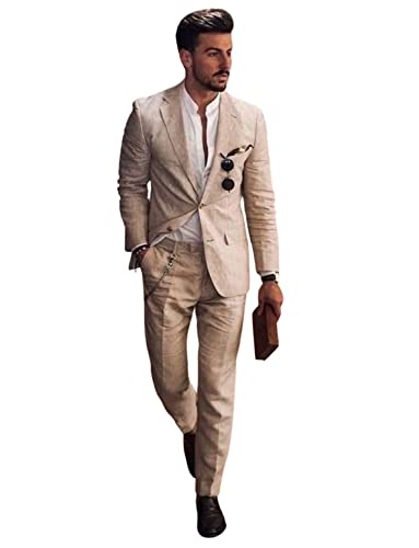 Drkobr Uomo Abito in Lino da Sposa Casuale Beige 2...