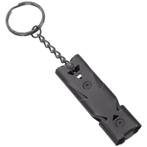 POPETPOP Stainless Steel Dual Tube Whistle Loud Survival Whistle with Keychain for Outdoor Emergencies Camping Hiking Gym Training Durable Portable Black