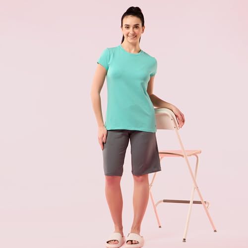 Image of Enamor Short Sleeve Crew Neck Regular Length Basic Crew T-Shirt for Women - Slim Fit, Soft and Breathable Stretch Cotton - E047
