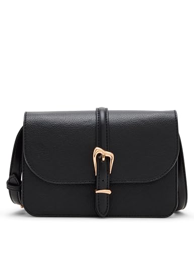 Anne Klein Womens Sculpted Buckle Flap Crossbody, Black