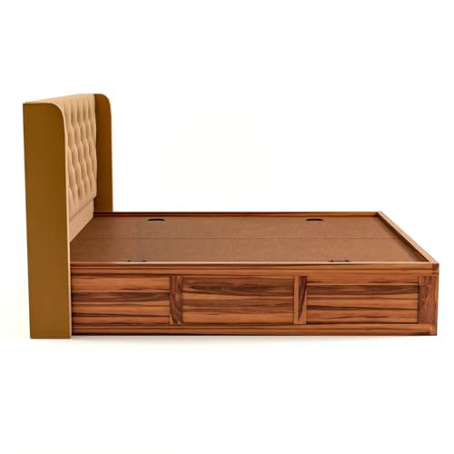 Image of Solid Sheesham Wood King Size Bed with Storage | Wooden Double Bed Cot Bed with Box Storage & Velvet Upholstered Cushioned Headboard for Bedroom (Honey B, King)