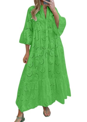 Image of chouyatou Women's 2026 Lace Eyelet Embroidery Maxi Dress V-Neck Trumpet Sleeve Boho Flowy Swing Dress