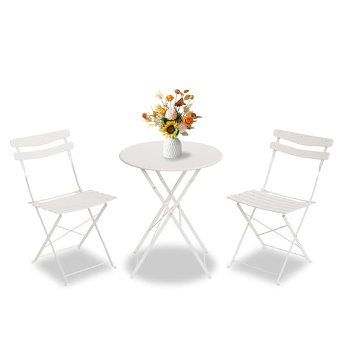 GarveeLife 3 Piece Patio Bistro Set Folding Patio Bistro Table and Chairs Set of 2 Outdoor Patio Furniture Set Metal Structure No Assembly Need for Balcony Yard Garden White