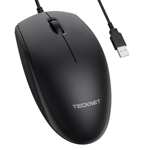 TECKNET USB-A Wired Mouse for Laptop Computer with 2-Button,Home and Office 5FT Corded Mouse, 1600DPI Ergo-Optic Shape PC Mouse Wired for Chromebook,PC,Desktop,Notebook-Black