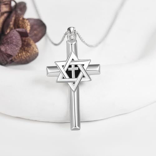 YFN Jewish Star of David Necklace Sterling Silver Cross Star of David Pendant Necklace Judeo Christian Religious Jewelry for Women Men2