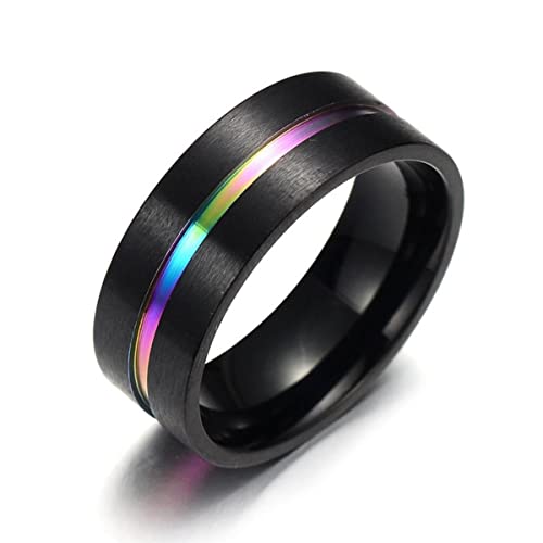 YAHOYA Schwarzes Titan Edelstahl Einfacher Ring Ehering 8mm Bunte Regenbogen Paar Ring