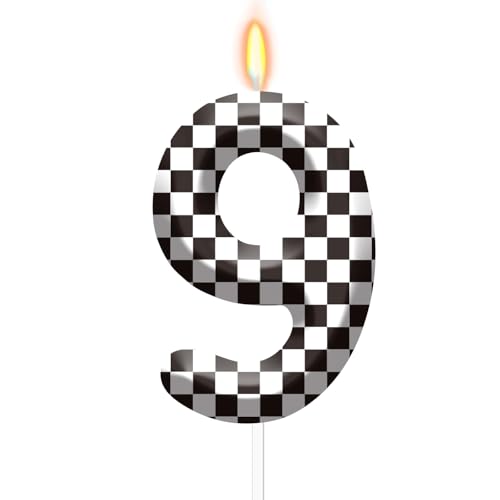 Checkered Flag Birthday Candles, Racing Cars Number 9 Candle Cake Topper for Birthday Party Cake Decoration, Reunions Theme Party Supplies
