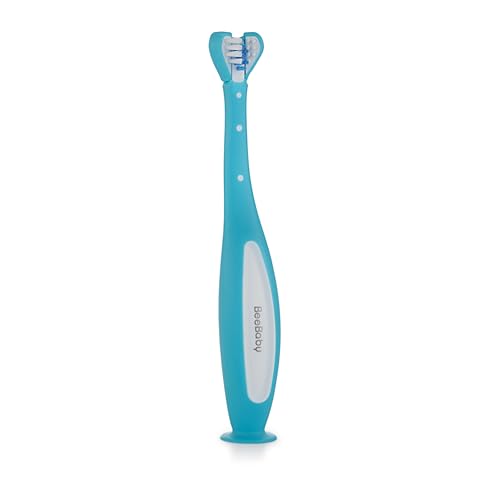 Image of BeeBaby Triple Angle Brush Buddy Toothbrush for Kids 3-6 Years. Suction Cup, 3 Side Super Soft Time to Change Indicator Bristles Ideal for Milk & Permanent Teeth. 100% BPA Free. Blue