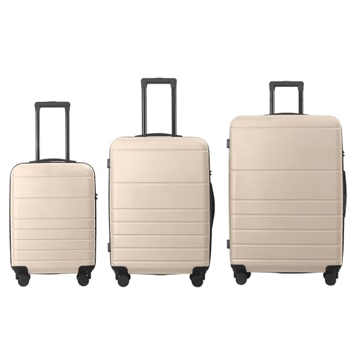3-Piece ABS Hardshell Luggage Set,20/24/28 Inch Spinner Suitcases with TSA Lock, Telescoping Handle (Beige)
