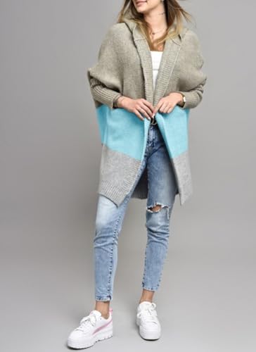 Image of Women's Oversized Hooded Cardigan Color Block Open Front Sweater Chunky Knit Long Coatigan Coat