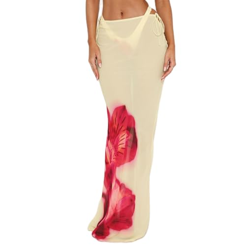 SOLILOQUY Women Y2K Floral Print Sheer Mesh Skirt Summer See Through Cover-up Bodycon Pencil Long Skirt Boho Beach Maxi Skirt