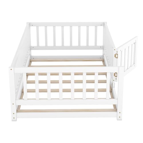 Image of Bellemave Twin Size Kids Montessori Floor Bed with Door,Solid Wood Floor Bed Frame with Slats and High Fence for Kids,Girls,Boys,White