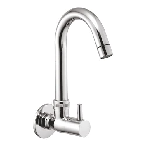 Kamal Full Brass FLT Type Wall Mounted Sink Cock/Tap | Chrome Finish Swinging Spout Quarter Turn with Wall Flange | for Kitchen Sink & Wash Basin