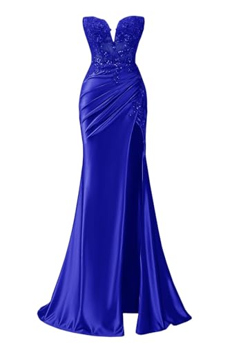 HPPEE Vestido de fiesta de sirena de lentejuelas brillantes con abertura, plisado, sin tirantes, vestido de noche formal con apliques de encaje, azul real, 42