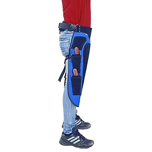 Image of Farrier apron chaps Rekhi 27 inch 1000D Cordura & Suede Leather, Blue, 4 Knife Pockets, Nail Magnet, 70cm Shoeing Chaps for Men