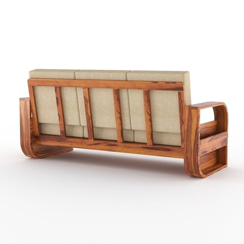 Image of Sheesham Wood 3 Seater Sofa Set with 40 Density Cushion for Living Room Home Office Solid Wood Sofa Set Furniture Wooden Three Seater Sofa Set (Natural,Cream)