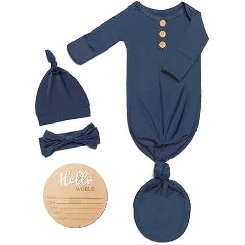Soft Baby Knot Gown 0-3 Months, Newborn Announcement Sleepers With Mitten Cuffs and Personalized Wooden Name Tag (Bluegrey, 0-3 Months) Cover
