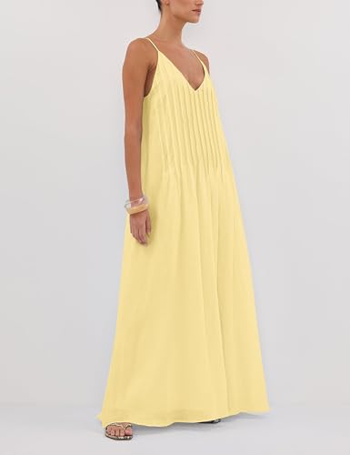 Image of Anoumcy Summer Pleated Maxi Dresses for Women 2026 Spaghetti Strap V Neck Vacation Beach Long Flowy Boho Sundress