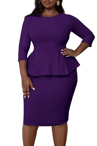 Runwind Womens Plus Size Dress - Work Business Professional Office Vintage Peplum 3/4 Sleeve Pencil Dresses
