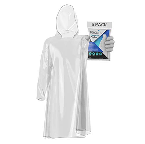 Pockit Ponchos 5 Pack, Waterproof Disposable Rain Poncho For Adults, Emergency Raincoats For Men And Women With Drawstring Hood & Elasticated Wrists, Rain Coats