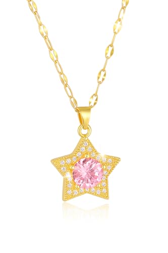 Image of Helena Rose Jewellery - Ladies Crystal Pendant Necklace for Women - 45cm Chain - Pink & Clear CZ Stones - 18k Gold Plated - with Jewellery Gift Box (Star)