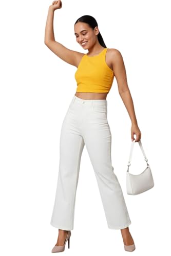 Image of KOTTY Women's Solid|Fit and Flared Fitting|Ankle Leg Style|High Rise|Stechable|Casual Jeans