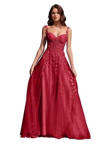 Image of Long Tulle Prom Dresses 2025 V Neck Floral Long Ball Gowns for Women Lace Applique Formal Evening Gowns ACE159