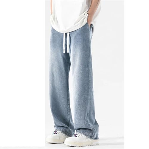 Men Straight Jeans Elastic Waist Drawstring Wide Leg Pants Vintage Casual Trousers3