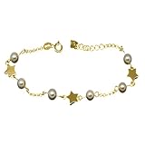Minoplata Pulsera Infantil de Plata de Ley 925 Chapada en Oro con Estrellas y Perlas Cultivadas, 16cm + 2cm Ajustable, Primera Comunión