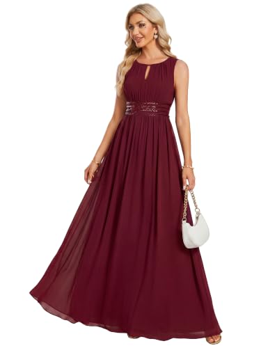 Image of Ever-Pretty Women's Chiffon Sleeveles Summer Formal Wedding Guest Dresses Ruched A Line Hollow Out Crew Neck Bridesmaid Dress