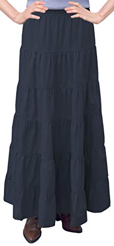 BABY O Women's Ankle Length 6 Tiered Long Denim Prairie Skirt (Dark Blue - Large)